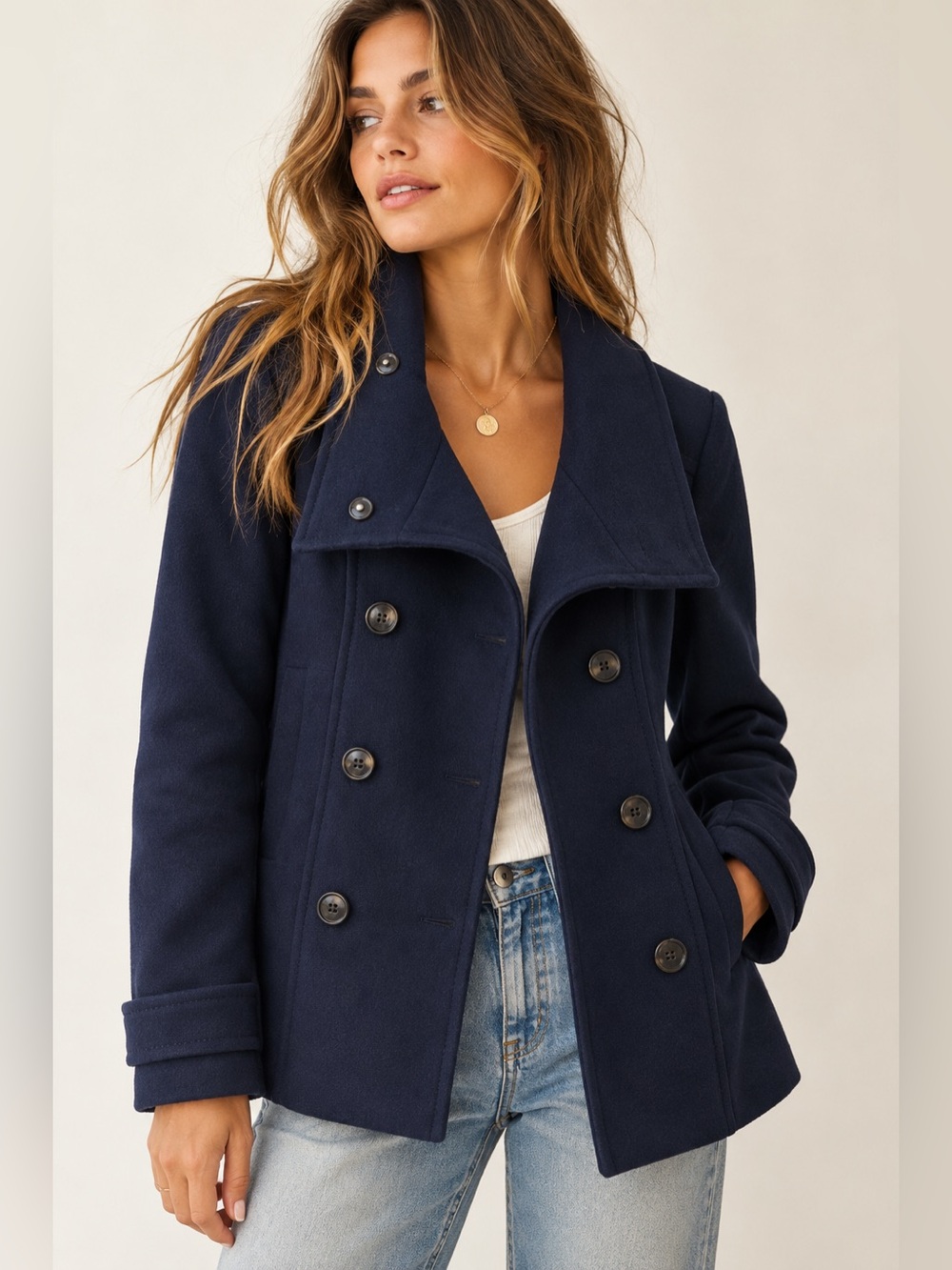 H&M Navy Double-Breasted Peacoat